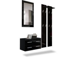 4058905016332 - Garderobenset Flur Garderobe Set Spiegel Schuhschrank Kioto Schwarz Hochglanz - Front in Schwarz Hochglanz - Front in Schwarz Hochglanz