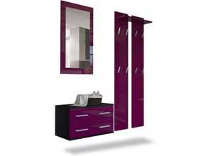 4058905016387 - Garderobenset Flur Garderobe Set Spiegel Schuhschrank Kioto Schwarz Hochglanz - Front in Brombeer Hochglanz - Front in Brombeer Hochglanz - Vladon