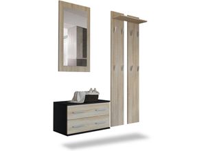 4058905016431 - Garderobenset Flur Garderobe Set Spiegel Schuhschrank Kioto Schwarz Hochglanz - Front in Eiche sägerau - Front in Eiche sägerau - Vladon