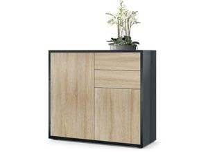 4058905020179 - Kommode Sideboard Anrichte Schrank Ben in Schwarz - Hochglanz und Naturtöne - Front in Eiche Sägerau Korpus Hochglanz - Front in Eiche Sägerau Korpus