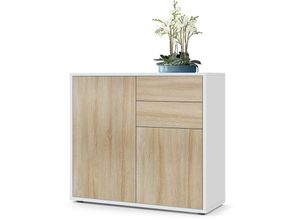 4058905020216 - Kommode Sideboard Anrichte Schrank Ben in Weiß - Hochglanz und Naturtöne - Front in Eiche sägerau Korpus matt - Front in Eiche sägerau Korpus matt