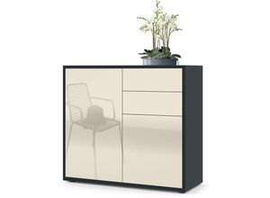 4058905020339 - Kommode Sideboard Anrichte Schrank Ben in Schwarz - Hochglanz und Naturtöne - Front in Creme Hochglanz Korpus matt - Front in Creme Hochglanz Korpus