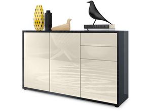 4058905021251 - Kommode Sideboard Anrichte Schrank Ben V3 in Schwarz - Hochglanz und Naturtöne - Front in Creme Hochglanz Korpus Hochglanz - Front in Creme Hochglanz