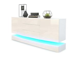 4058905024603 - Sideboard Anrichte Kommode Schrank City in Weiß - Hochglanz & Naturtöne - Fronten in Creme Hochglanz mit led Beleuchtung - Fronten in Creme Hochglanz