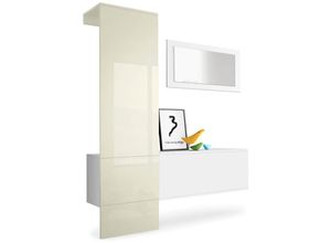 4058905025587 - Garderobenset Flur Garderobe Diele Carlton Set 4 in Weiß - Hochglanz & Naturtöne - Paneel in Creme Hochglanz - Paneel in Creme Hochglanz - Vladon