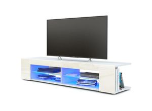 4058905027529 - Tv Lowboard Board Schrank Fernsehtisch Movie in Weiß - Hochglanz & Naturtöne - Front in Creme Hochglanz mit led in Blau - Front in Creme Hochglanz