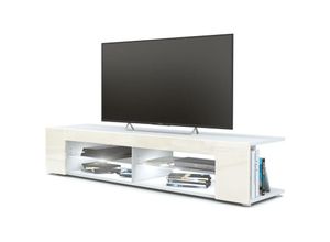 4058905027659 - Tv Lowboard Board Schrank Fernsehtisch Movie in Weiß - Hochglanz & Naturtöne - Front in Creme Hochglanz mit led in Weiß - Front in Creme Hochglanz