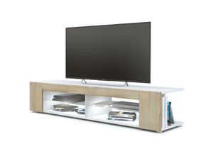 4058905027710 - Tv Lowboard Board Schrank Fernsehtisch Movie in Weiß - Hochglanz & Naturtöne - Front in Eiche sägerau mit led in Weiß - Front in Eiche sägerau mit