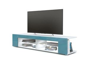 4058905027741 - Tv Lowboard Board Schrank Fernsehtisch Movie in Weiß - Hochglanz & Naturtöne - Front in Petrol Hochglanz mit led in Weiß - Front in Petrol Hochglanz