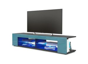 4058905028007 - Tv Lowboard Board Schrank Fernsehtisch Movie in Schwarz - Hochglanz & Naturtöne - Front in Petrol Hochglanz mit led in Blau - Front in Petrol