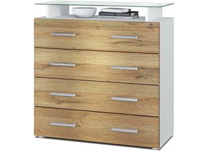 4058905032363 - - Kommode Schrank Anrichte Sideboard Pavos in Weiß - Hochglanz & Naturtöne - Front in Eiche Nature mit Glasaufsatz - Front in Eiche Nature mit