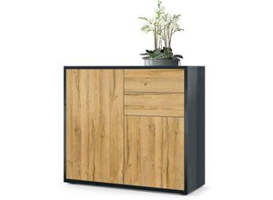 4058905032387 - Kommode Sideboard Anrichte Schrank Ben in Schwarz - Hochglanz und Naturtöne - Front in Eiche Natur Korpus Hochglanz - Front in Eiche Natur Korpus