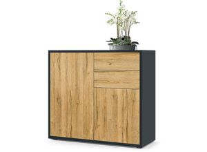 4058905032400 - Kommode Sideboard Anrichte Schrank Ben in Schwarz - Hochglanz und Naturtöne - Front in Eiche Natur Korpus matt - Front in Eiche Natur Korpus matt