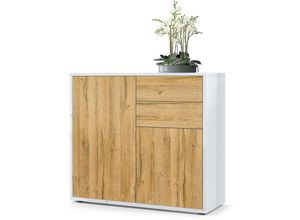 4058905032431 - - Kommode Sideboard Anrichte Schrank Ben in Weiß - Hochglanz und Naturtöne - Front in Eiche Natur Korpus Hochglanz - Front in Eiche Natur