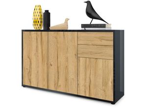 4058905032578 - Kommode Sideboard Anrichte Schrank Ben V3 in Schwarz - Hochglanz und Naturtöne - Front in Eiche Nature Korpus Hochglanz - Front in Eiche