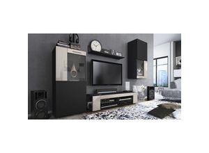 4058905032868 - Wohnwand Lowboard Vitrine Regal Wohnzimmer Movie Schwarz Hochglanz Naturtöne - Absetzungen in Sandgrau Hochglanz ohne led Beleuchtung - Absetzungen