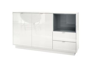 4058905035777 - Sideboard Highboard Kommode Schrank Bücherregal Metro - Weiß Hochglanz - Einsatz in Grau Hochglanz ohne led Beleuchtung - Einsatz in Grau Hochglanz