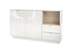 4058905035845 - Sideboard Highboard Kommode Schrank Bücherregal Metro - Weiß Hochglanz - Einsatz in Eiche Nordic ohne led Beleuchtung - Einsatz in Eiche Nordic ohne