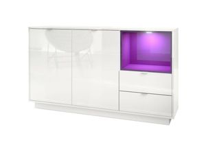 4058905036354 - Sideboard Highboard Kommode Schrank Bücherregal Metro - Weiß Hochglanz - Einsatz in Brombeer Hochglanz mit LED Beleuchtung - Einsatz in