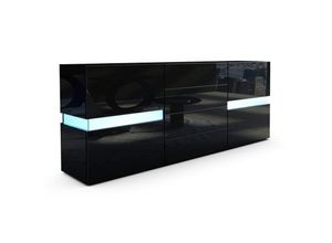 4058905037573 - Sideboard Kommode Flow in Weiß oder Schwarz Hochglanz 177 cm - Ambient Light - Schwarz Korpus Hochglanz mit led Beleuchtung - Schwarz Korpus