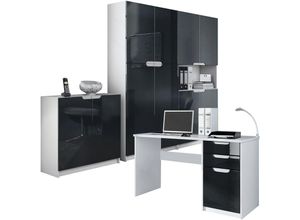 4058905038181 - - Büromöbel Set Schreibtisch Aktenschrank Logan Weiß - Hochglanz & Naturtöne - Fronten in Schwarz Hochglanz - Fronten in Schwarz Hochglanz