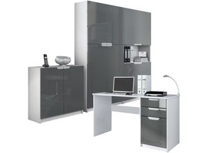 4058905038211 - - Büromöbel Set Schreibtisch Aktenschrank Logan Weiß - Hochglanz & Naturtöne - Fronten in Grau Hochglanz - Fronten in Grau Hochglanz