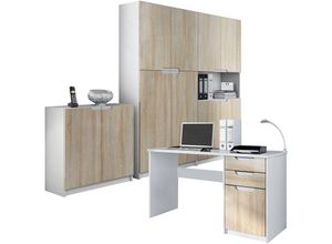 4058905038228 - - Büromöbel Set Schreibtisch Aktenschrank Logan Weiß - Hochglanz & Naturtöne - Fronten in Eiche sägerau - Fronten in Eiche sägerau