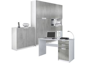 4058905038235 - Büromöbel Set Schreibtisch Aktenschrank Logan Weiß - Hochglanz & Naturtöne - Fronten in Beton Oxid Optik - Fronten in Beton Oxid Optik - Vladon