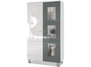 4058905039751 - Vitrine Standvitrine Kommode Hochschrank Denjo in Weiß matt - Tür in Grau Hochglanz ohne LED Beleuchtung - Tür in Grau Hochglanz ohne LED