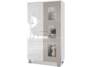 4058905039768 - Vitrine Standvitrine Kommode Hochschrank Denjo in Weiß matt - Tür in Sandgrau Hochglanz ohne led Beleuchtung - Tür in Sandgrau Hochglanz ohne led