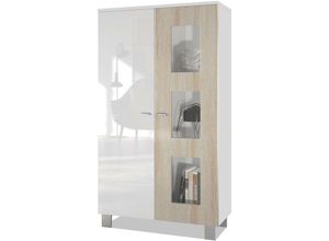 4058905039775 - Vitrine Standvitrine Kommode Hochschrank Denjo in Weiß matt - Tür in Eiche sägerau ohne led Beleuchtung - Tür in Eiche sägerau ohne led Beleuchtung