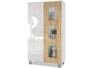 4058905039799 - Vitrine Standvitrine Kommode Hochschrank Denjo in Weiß matt - Tür in Eiche Natur ohne led Beleuchtung - Tür in Eiche Natur ohne led Beleuchtung