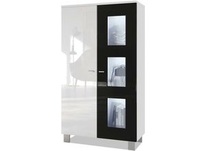 4058905039829 - Vitrine Standvitrine Kommode Hochschrank Denjo in Weiß matt - Tür in Schwarz Hochglanz mit led Beleuchtung - Tür in Schwarz Hochglanz mit led