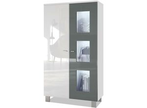 4058905039867 - Vitrine Standvitrine Kommode Hochschrank Denjo in Weiß matt - Tür in Grau Hochglanz mit led Beleuchtung - Tür in Grau Hochglanz mit led Beleuchtung