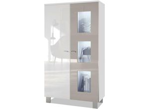 4058905039874 - Vitrine Standvitrine Kommode Hochschrank Denjo in Weiß matt - Tür in Sandgrau Hochglanz mit led Beleuchtung - Tür in Sandgrau Hochglanz mit led