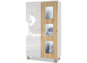 4058905039904 - Vitrine Standvitrine Kommode Hochschrank Denjo in Weiß matt - Tür in Eiche Natur mit led Beleuchtung - Tür in Eiche Natur mit led Beleuchtung - Vladon