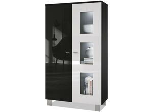 4058905040146 - - Vitrine Standvitrine Kommode Hochschrank Denjo in Schwarz matt - Tür in Weiß Hochglanz mit led Beleuchtung - Tür in Weiß Hochglanz mit led