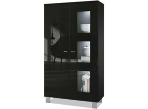 4058905040153 - Vitrine Standvitrine Kommode Hochschrank Denjo in Schwarz matt - Tür in Schwarz Hochglanz mit led Beleuchtung - Tür in Schwarz Hochglanz mit led