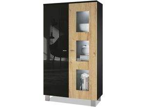 4058905040238 - Vitrine Standvitrine Kommode Hochschrank Denjo in Schwarz matt - Tür in Eiche Natur mit led Beleuchtung - Tür in Eiche Natur mit led Beleuchtung