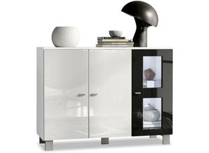 4058905040481 - Sideboard Anrichte Schrank Kommode Denjo in Weiß - Hochglanz & Naturtöne - Tür in Schwarz Hochglanz mit led Beleuchtung - Tür in Schwarz Hochglanz 4058905040481 - Sideboard Anrichte Schrank Kommode Denjo in Weiß - Hochglanz & Naturtöne - Tür in Schwarz Hochglanz mit led Beleuchtung - Tür in Schwarz Hochglanz