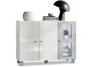 4058905040559 - Sideboard Anrichte Schrank Kommode Denjo in Weiß - Hochglanz & Naturtöne - Tür in Beton Oxid Optik mit LED Beleuchtung - Tür in Beton Oxid