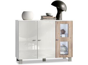 4058905040573 - Sideboard Anrichte Schrank Kommode Denjo in Weiß - Hochglanz & Naturtöne - Tür in Eiche Nordic mit led Beleuchtung - Tür in Eiche Nordic mit led