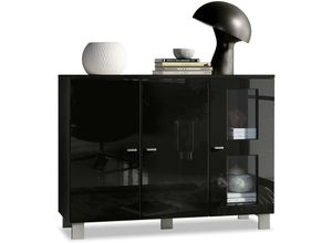 4058905040702 - - Sideboard Anrichte Schrank Kommode Denjo in Schwarz - Hochglanz & Naturtöne - Tür in Schwarz Hochglanz ohne led Beleuchtung - Tür in Schwarz