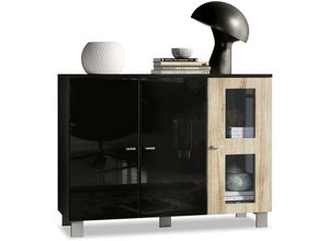 4058905040764 - Sideboard Anrichte Schrank Kommode Denjo in Schwarz - Hochglanz & Naturtöne - Tür in Eiche sägerau ohne led Beleuchtung - Tür in Eiche sägerau ohne