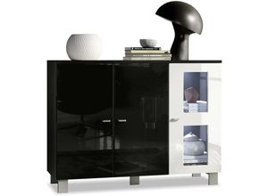 4058905040801 - Sideboard Anrichte Schrank Kommode Denjo in Schwarz - Hochglanz & Naturtöne - Tür in Weiß Hochglanz mit led Beleuchtung - Tür in Weiß Hochglanz mit