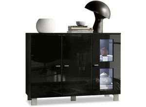 4058905040818 - Sideboard Anrichte Schrank Kommode Denjo in Schwarz - Hochglanz & Naturtöne - Tür in Schwarz Hochglanz mit led Beleuchtung - Tür in Schwarz Hochglanz