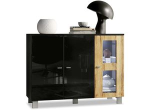 4058905040894 - Sideboard Anrichte Schrank Kommode Denjo in Schwarz - Hochglanz & Naturtöne - Tür in Eiche Natur mit led Beleuchtung - Tür in Eiche Natur mit led