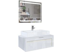 4058905041235 - Badezimmer Schrank Waschtisch Waschbecken Unterschrank Spiegel led Aloha V2 Weiß - Absetzungen in Creme Hochglanz mit Waschbecken Spiegel & Armatur