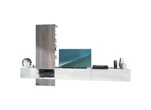 4058905043420 - Wohnzimmer Anbauwand Manhattan V3 Wohnwand mit Korpus in Weiß matt und Fronten in Weiß Hochglanz - Paneel in Eiche Nordic ohne led Beleuchtung