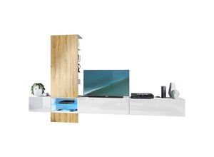 4058905043895 - - Wohnzimmer Anbauwand Manhattan V3 Wohnwand mit Korpus in Weiß matt und Fronten in Weiß Hochglanz - Paneel in Eiche Natur mit led